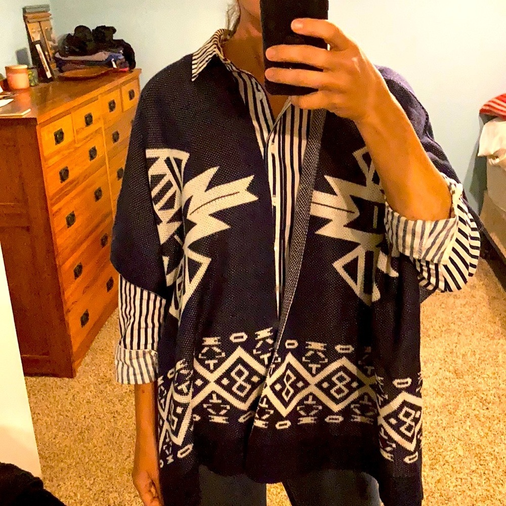 Navy and white southwestern sweater poncho